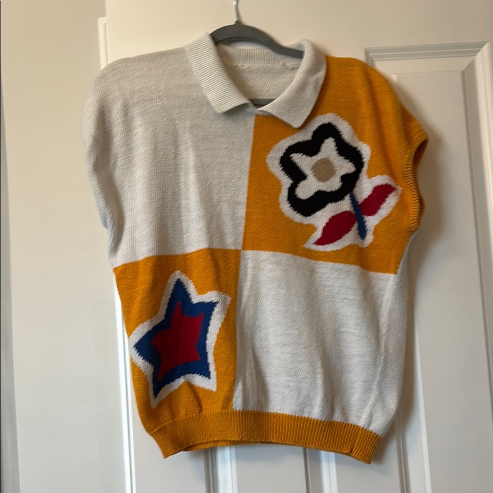 Colorful Knit Sweater Vest with Floral and Star Design